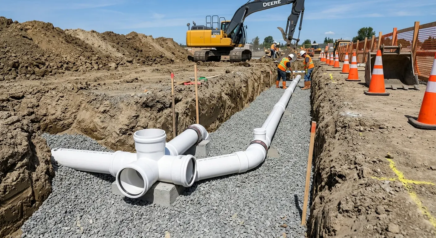New PVC sewer pipe installation in open trench for Commercial Drain Cleaning in Palm Tree
