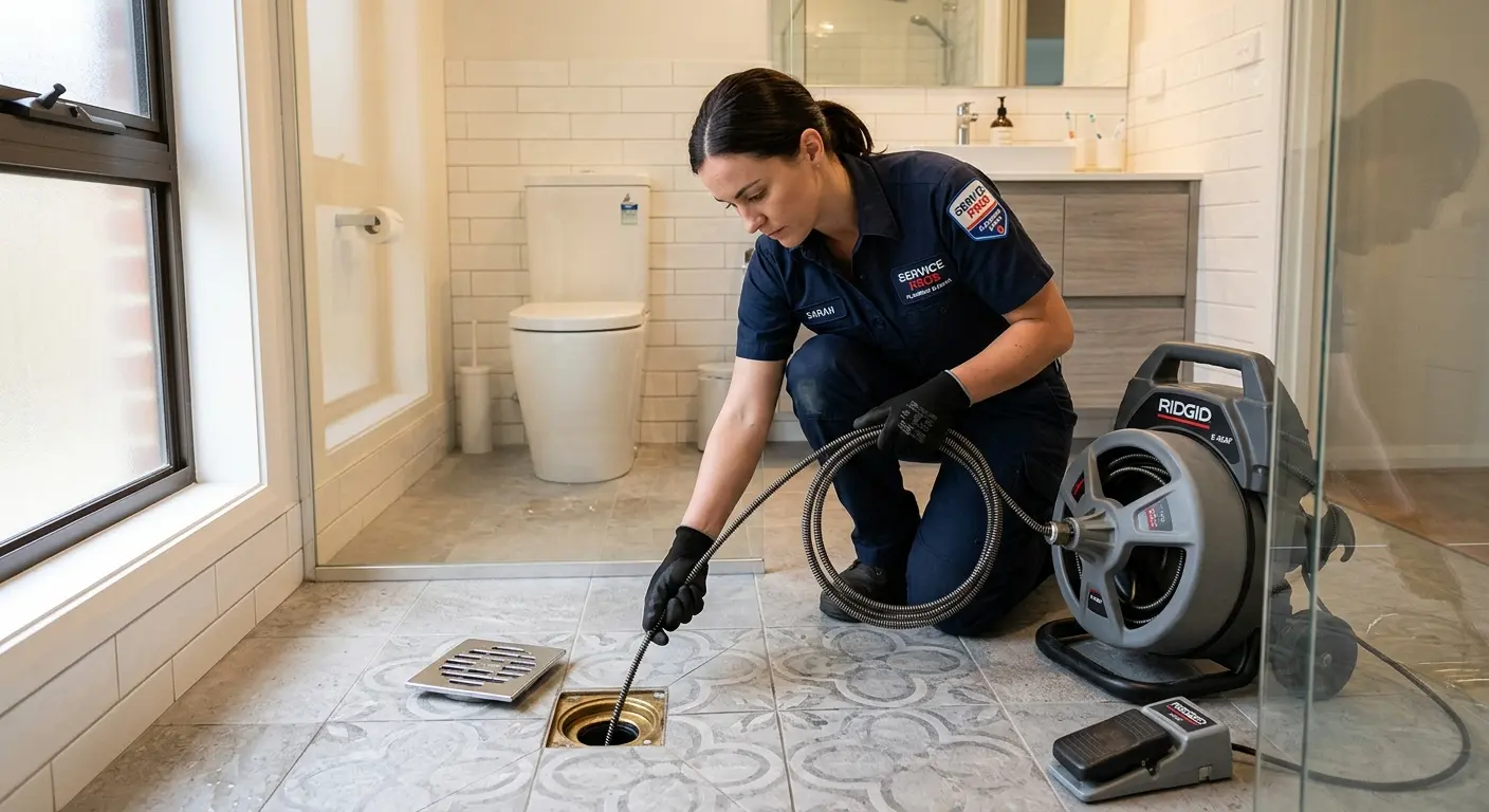 Technician clearing a bathroom floor drain for Drain Repair in Palm Tree